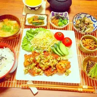 鳥の唐揚げ〜甘酢ネギソース定食〜|たぬきち(*☻-☻*)さん