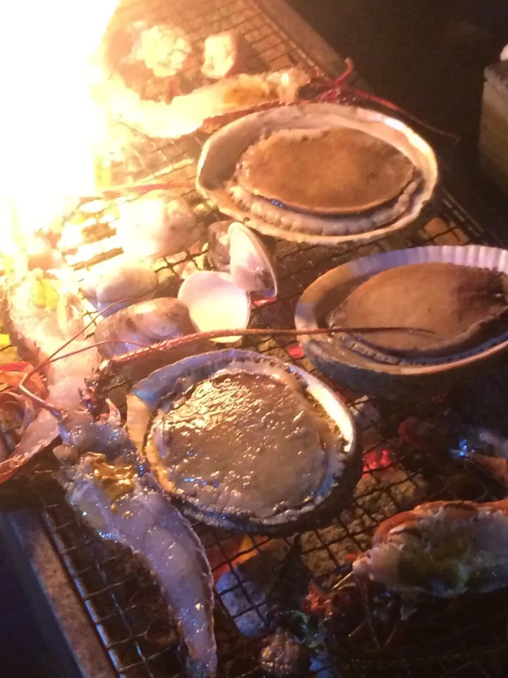 Snapdishの料理写真:BBQ伊勢海老、アワビ、蛤、牛肉、鳥、猪肉、豚肉の盛り沢山|ryoanさん