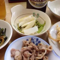 Snapdishの料理写真:お通し肉天ぷら生玉子|sunさん