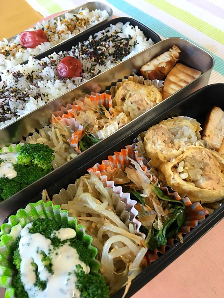 カジキ照り焼き 袋煮 モロヘイヤおひたし もやしナムル ブロッコリー弁当。|Kumiko Kimuraさん