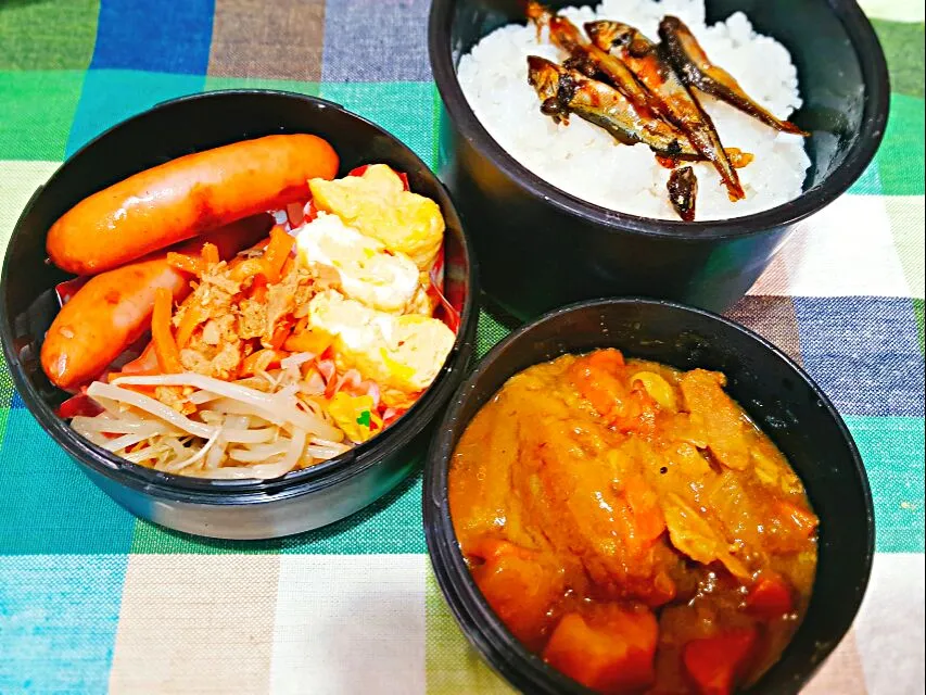 お弁当。すじカレーと出し巻きとウインナーともやしナムルとにんじんツナきんぴら。完全にカレー頼りの金曜日。疲れちゃったよ⸜( ¯⌓¯ )⸝|エリカさん