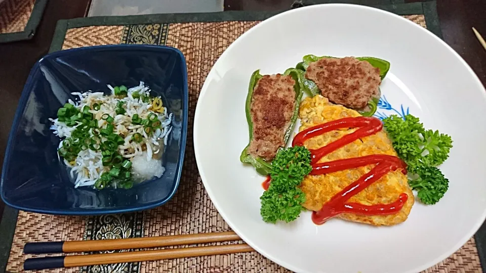 しらすおろし&タモさんの洋風卵かけご飯&ピーマンの肉詰め|まぐろさん