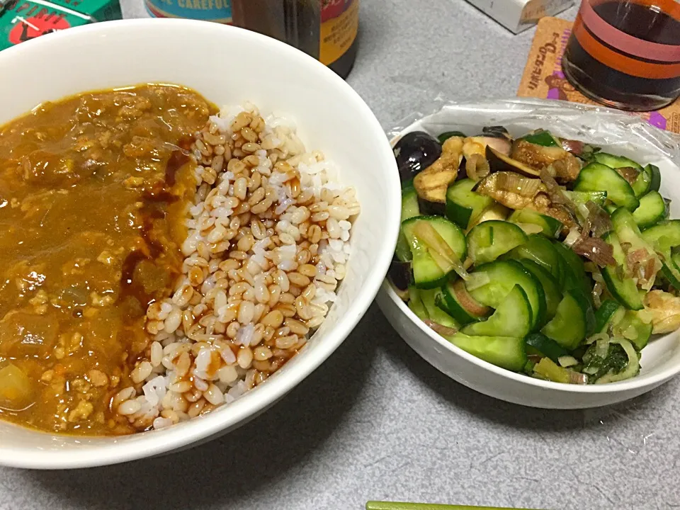 生姜挽肉カレーもち麦飯ライス、ミョーガ茄子きゅうり浅漬け|ms903さん