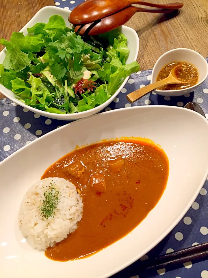 久々ご飯✨バターチキンカレー🍛パクチーたっぷり乗せ、お豆腐と海藻のサラダ🌿|まみりんごさん