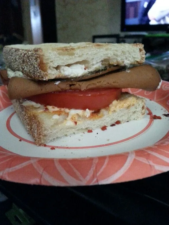 vegan ham, tomato sandwich with tons of saucy goodness.|Polly Gelfusoさん