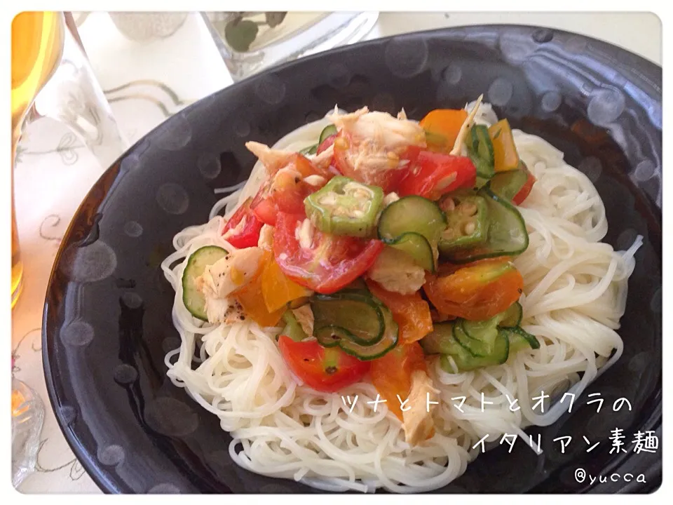 sakurakoさんの料理 茹でて和えるだけ！ツナとトマトとオクラの和風イタリアン素麺 キュウリもプラス😅|yucca@さん