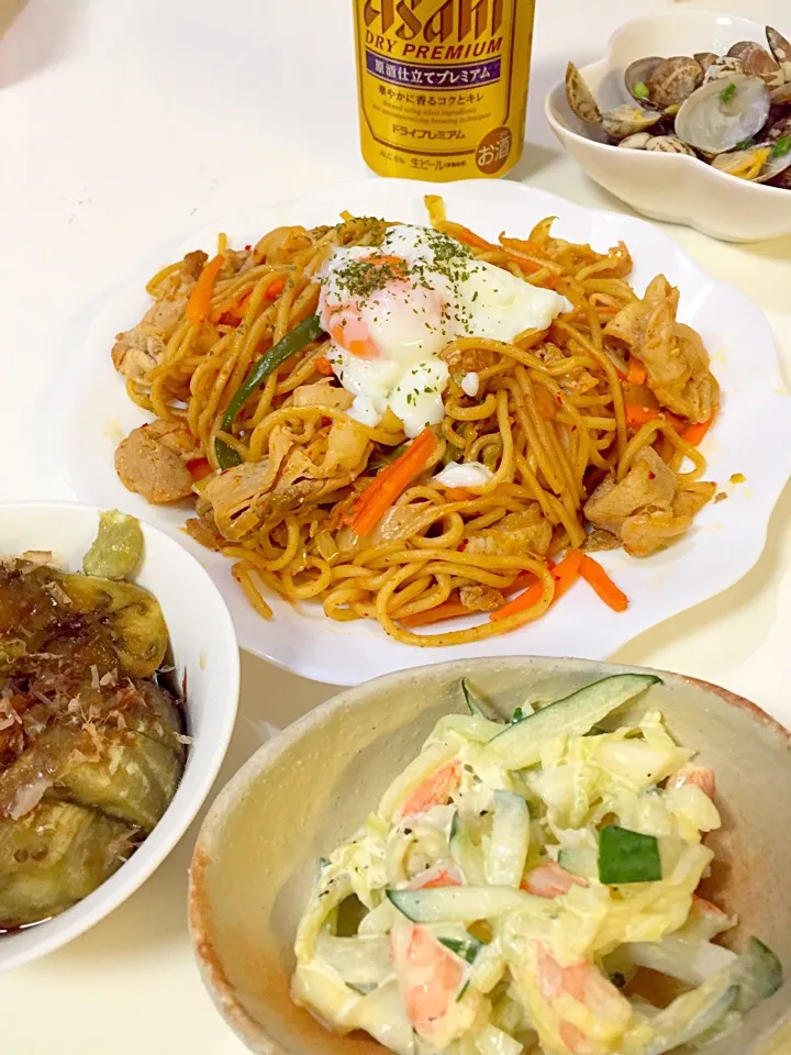 キムチ焼きそば、あさり酒蒸し|けるさん