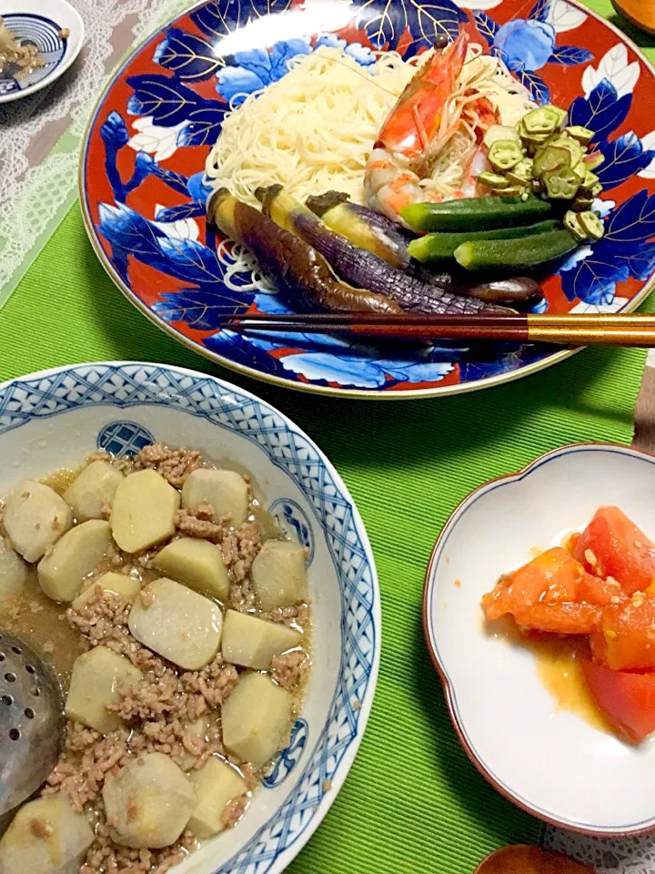 健康と美のお料理教室♡贅沢そうめん・新里芋のそぼろ甘辛煮・辛子トマトと紅茶羊羹プルーンソース♡|チコさん