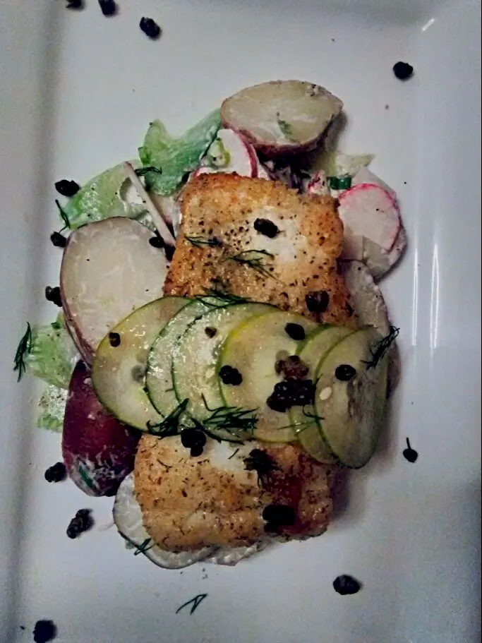 Crispy Seared Cod with Marinated Cucumbers, Potato Salad, and Fried Capers. From Blue Apron.|bethさん