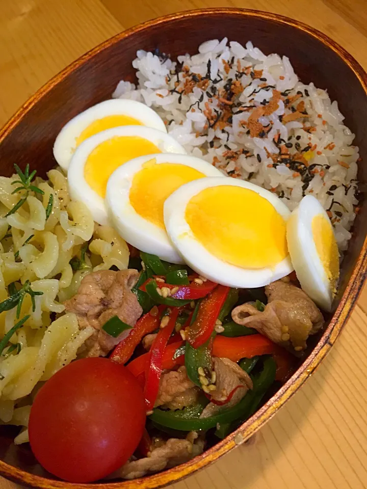 パパたろ弁当

フジッリのハーブとチーズ和え
豚肉とカラーピーマンの甘辛炒め
ゆで卵
ミニトマト
ふりかけごはん|ひななぎさん