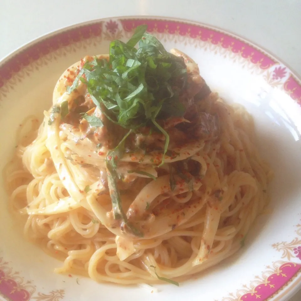 鯖の味噌煮缶のマヨネーズ和え素麺。|ヘイオークボさん