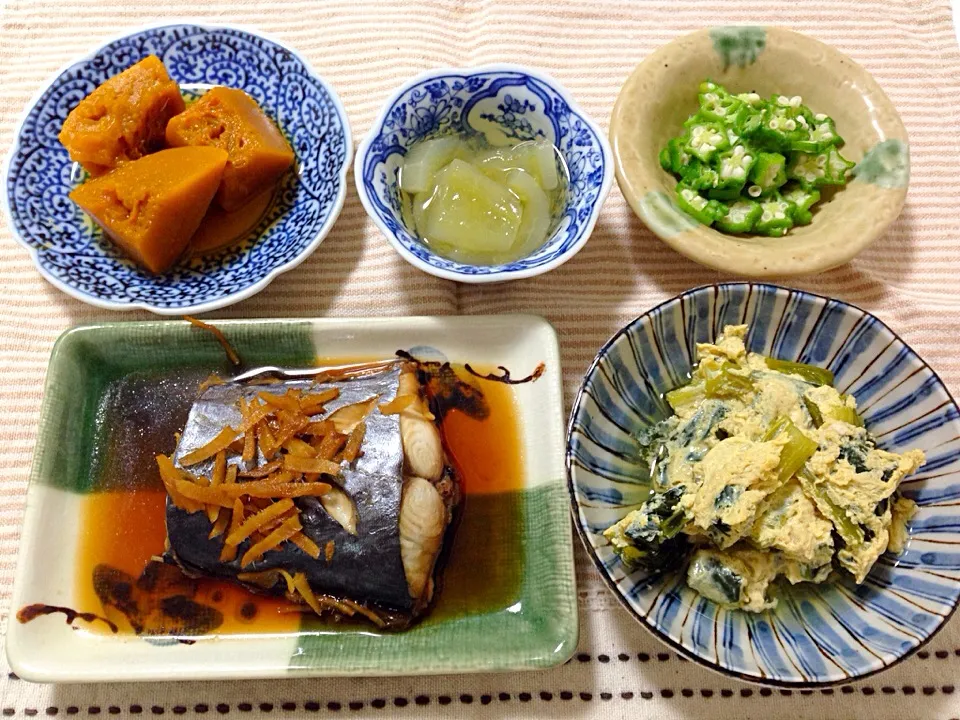 Snapdishの料理写真:鰆の煮付⭐️小松菜の卵とじ⭐️オクラ⭐️かぼちゃ⭐️瓜|ほなさん