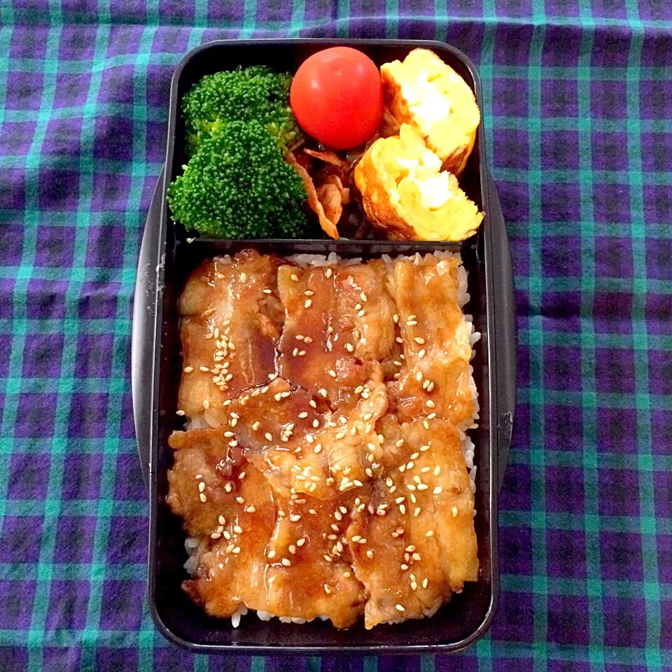 Snapdishの料理写真:豚の蒲焼き弁当、ナスとベーコンのカレー炒め、ブロッコリー、卵焼き|Nao Yamadaさん