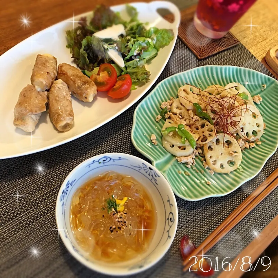 Snapdishの料理写真:冷凍豆腐の肉巻き
鶏ひき肉とれんこん、ピーマンのナンプラー炒め
ところてん|𓇼 Ⓢ Ⓗ Ⓘ Ⓝ Ⓞ Ⓑ Ⓤ 𓇼さん