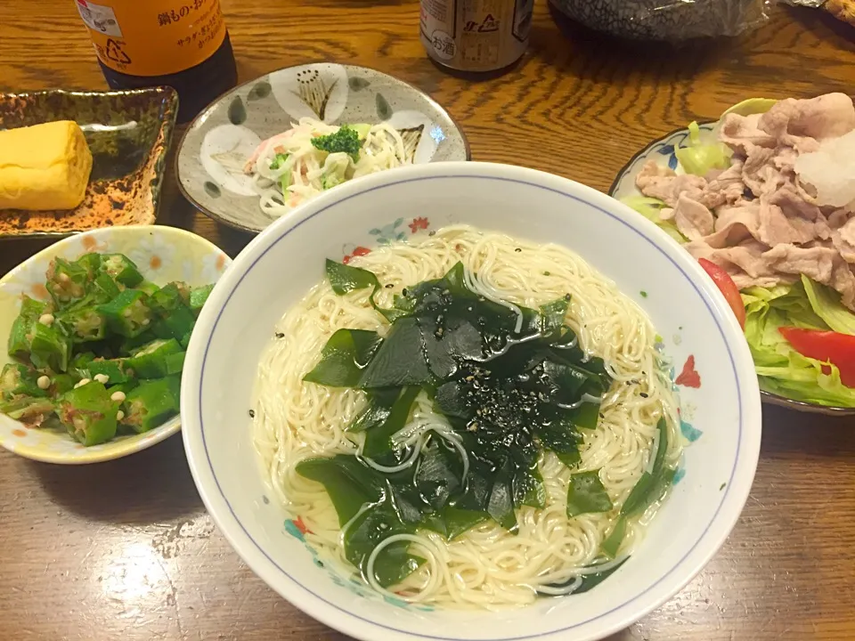 Snapdishの料理写真:にゅうめん 冷しゃぶ オクラの和え物 だいこんさらだ 出し巻き卵|アスカさん