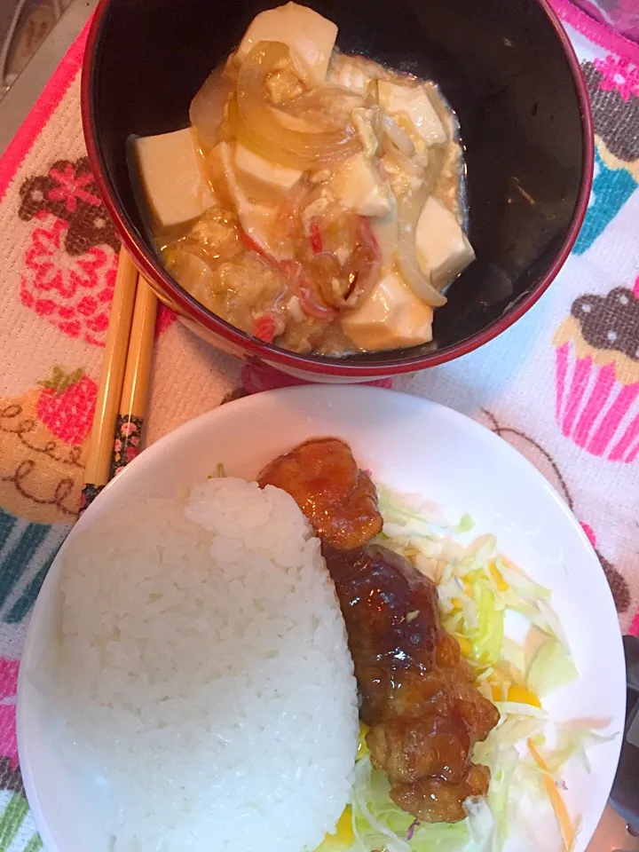 鶏の照り焼き、豆腐とカニカマのとろとろ煮|かなぽさん