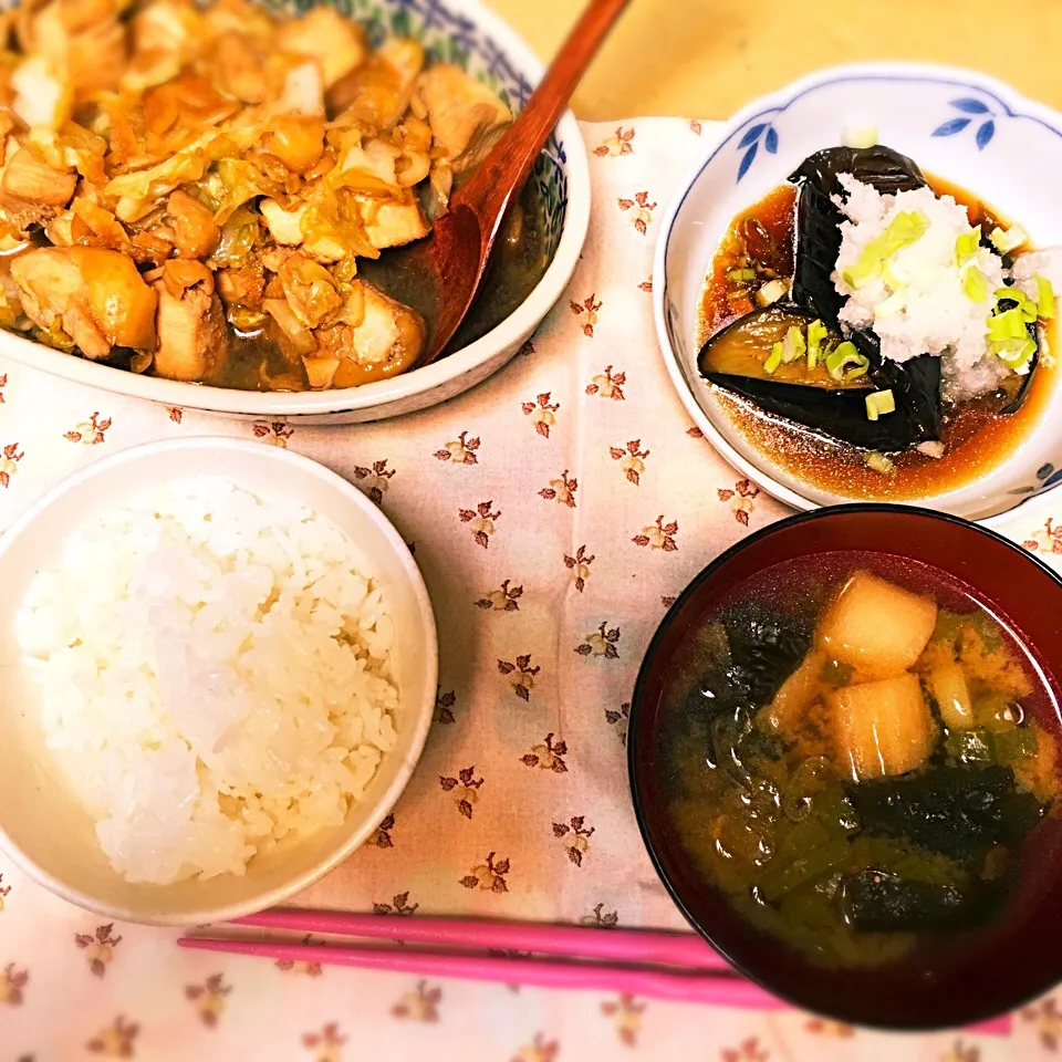 Snapdishの料理写真:鶏胸肉とキャベツのオイスター炒め
揚げ茄子の煮浸し 梅風味|しまさん