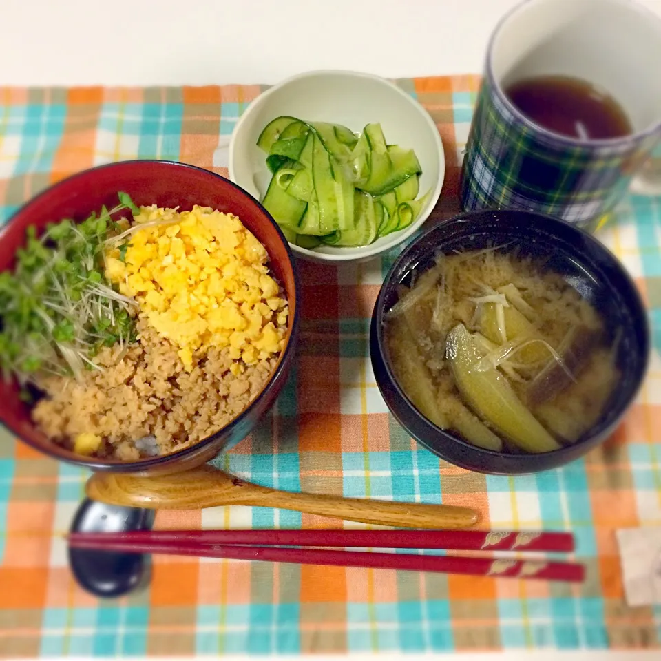 ・三色そぼろ丼 ・キュウリのリボンサラダ ・茄子とミョウガのお味噌汁|chocolatさん