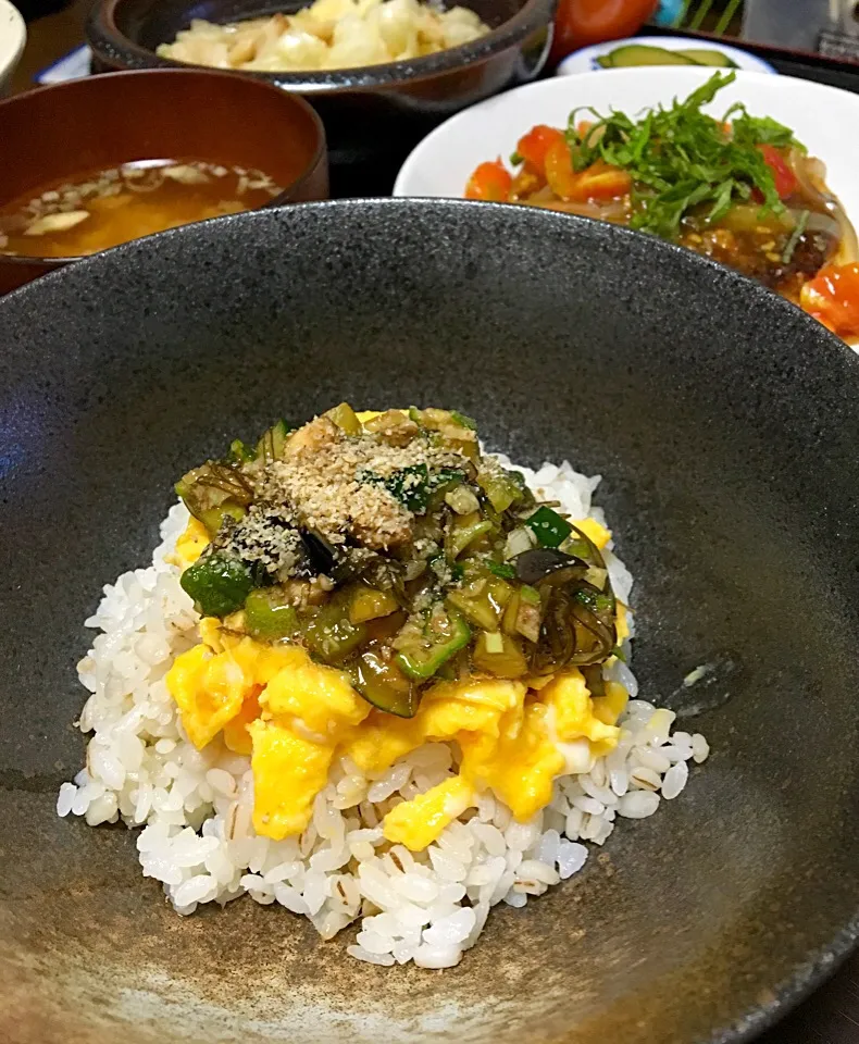 晩ごはん だしと卵の冷たい丼 豆腐ハンバーグトマトあん キャベツの煮浸し きゅうりのいしり漬け|ぽんたさん