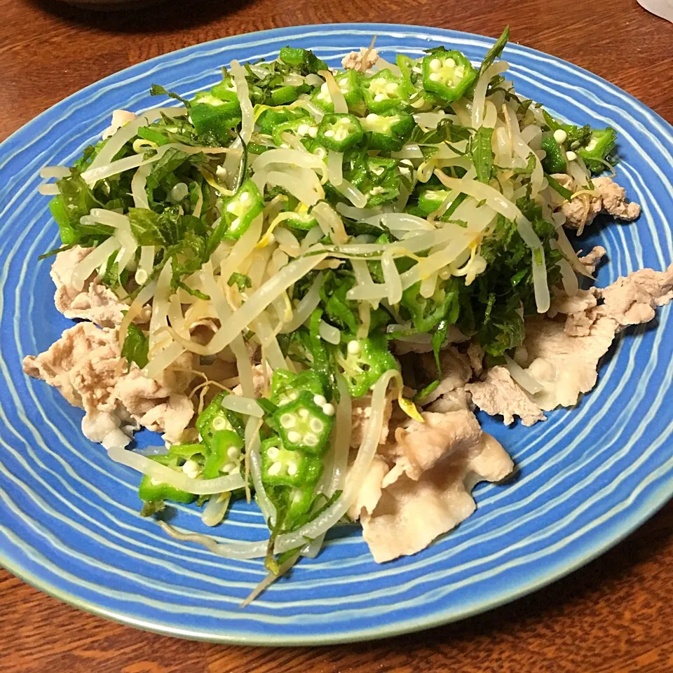 オクラとシソとモヤシの茹で豚サラダ|おかんさん