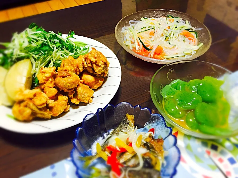 鳥の塩唐揚げ&青のり刺身蒟蒻&タイ風春雨サラダ&アジの南蛮漬け（≧∇≦）|Chie Satouさん