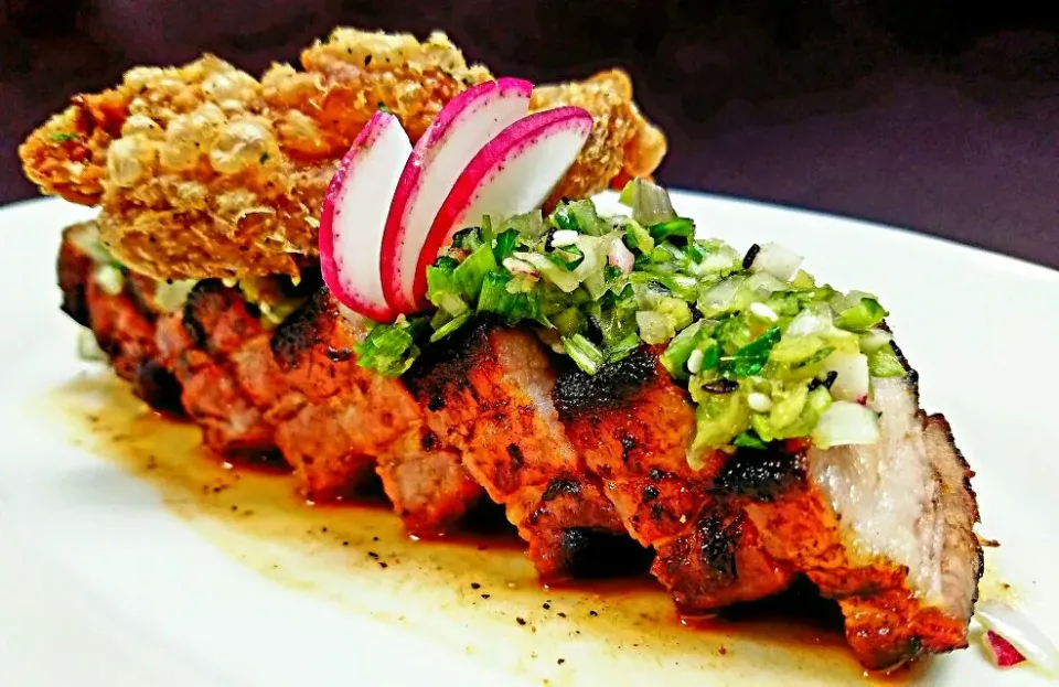 Asian style crispy pork belly,topped with 5 spice crispy chicken skin...|chef Charlesさん