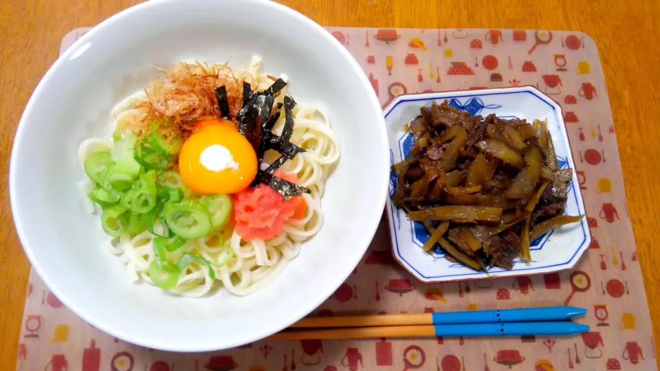 Snapdishの料理写真:８月６日　明太子うどん　肉ごぼう|いもこ。さん