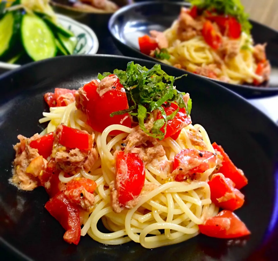 昼ごはん ツナトマトの冷製パスタ|砂雪さん