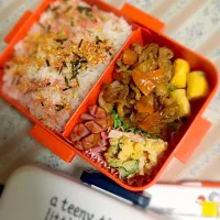 Snapdishの料理写真:豚の生姜焼き、ポテトサラダ、タコさんウインナー、チーズとネギの卵焼き💓|しーちゃんさん