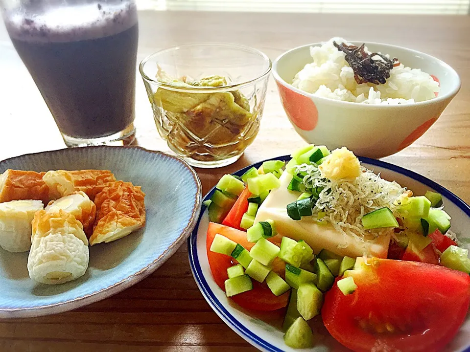 ちくわとチーズ、冷ややっこ、焼きなす、豆乳とブルーベリーのシェイク|pepiさん