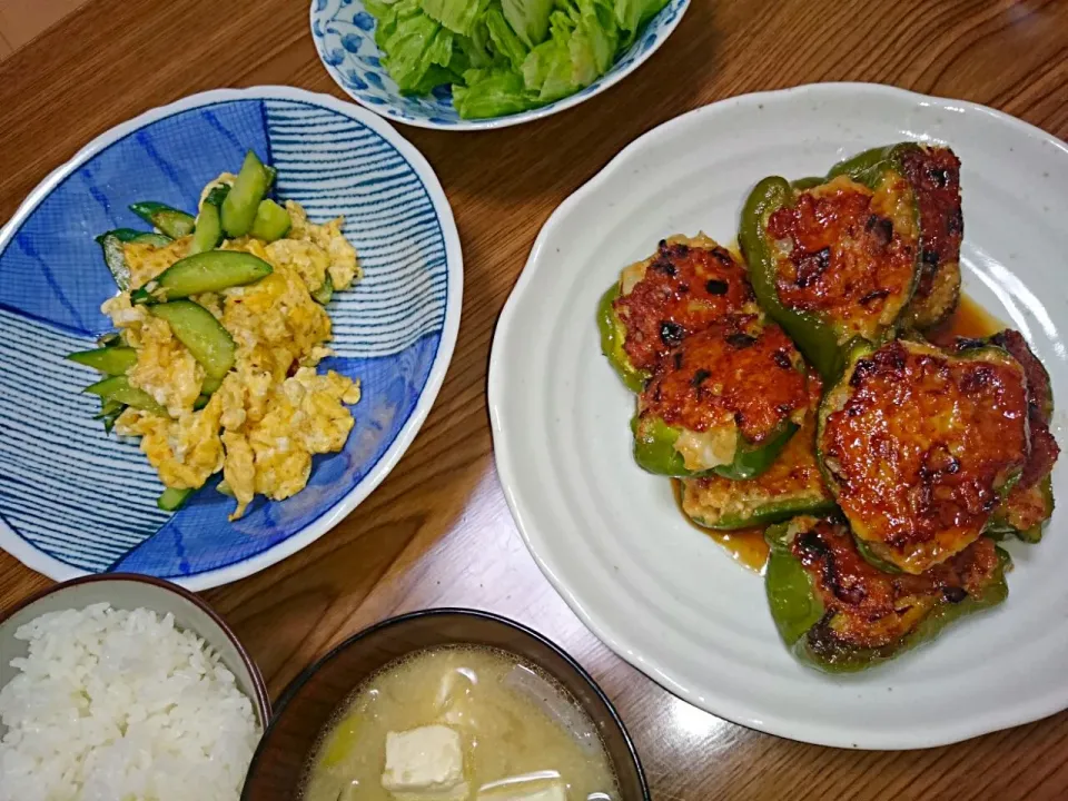 Snapdishの料理写真:・ピーマンの肉詰め
・胡瓜と卵の中華炒め
・サラダ(他の野菜写ってない😰)
・豚汁|ようかんさん