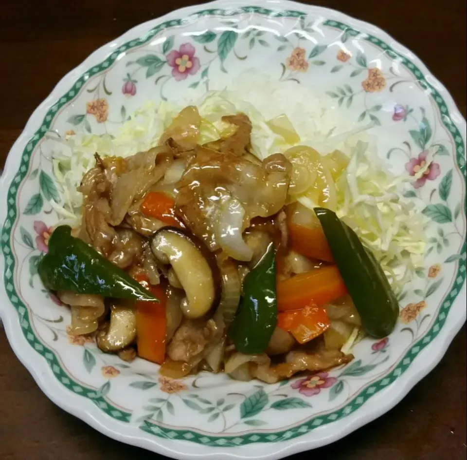 🐷生姜焼き丼❗千切りキャベツもたっぷり🎵|あらいぐまのしっぽさん