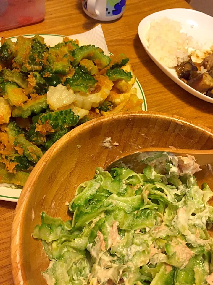 The bitter gourd dinner😁
Fried bitter gourd 
Cream-cheese tuna salad(  ૢ⁼̴̤̆ ꇴ ⁼̴̤̆ ૢ)~ෆ|Mayumi Sakurabaさん