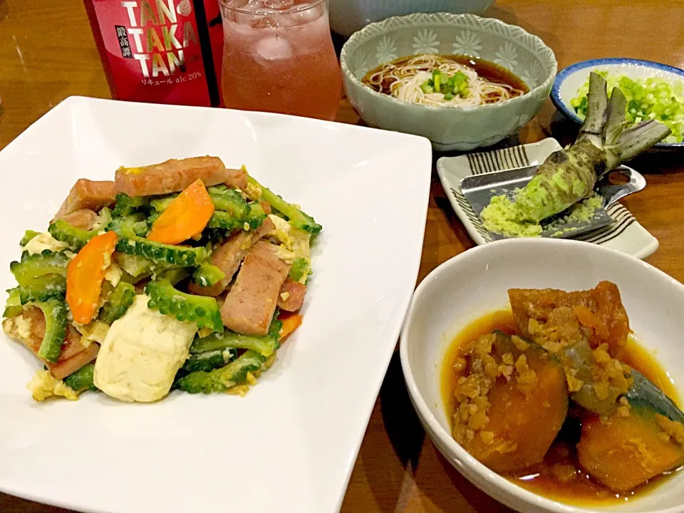 ゴーヤチャンプルと大豆ミート入りかぼちゃの煮物、あとは生ワサビが手に入ったから素麺～😋|みほままこさん