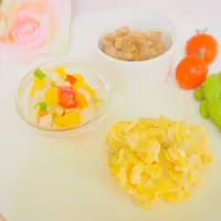 ある日の朝ごはん♡
＊夏野菜のマリネサラダ
＊しらす入りスクランブルエッグ
＊納豆
＊枝豆、ミニトマト|みっちーさん