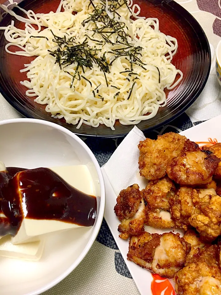 唐揚げ☆ざるうどん☆豆腐の味噌かけ|MEGUMIさん