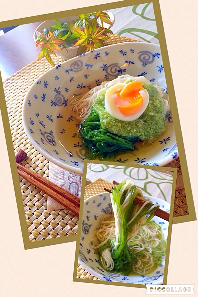 お素麺と蒟蒻麺のおくらトロロぶっかけに半熟たまご乗せたやつ🌿|🌿ぴぴさん