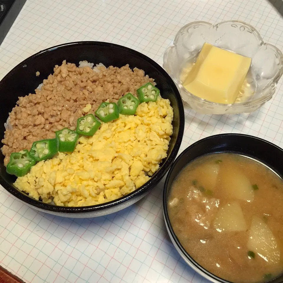 しっとり鶏そぼろ丼プランター栽培オクラ乗せ☆ジャガイモのお味噌汁☆卵豆腐|みいみいさん