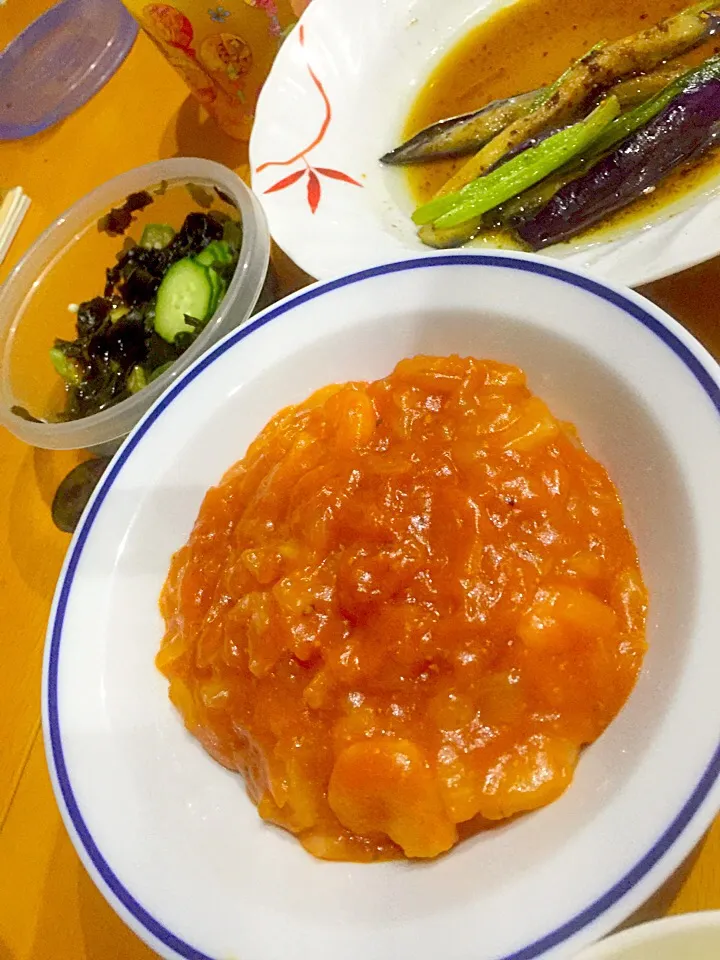 🍤エビチリ炒め  茄子と小松菜の揚げ浸し  わかめとオクラきゅうりの酢の物|ch＊K*∀o(^^*)♪さん