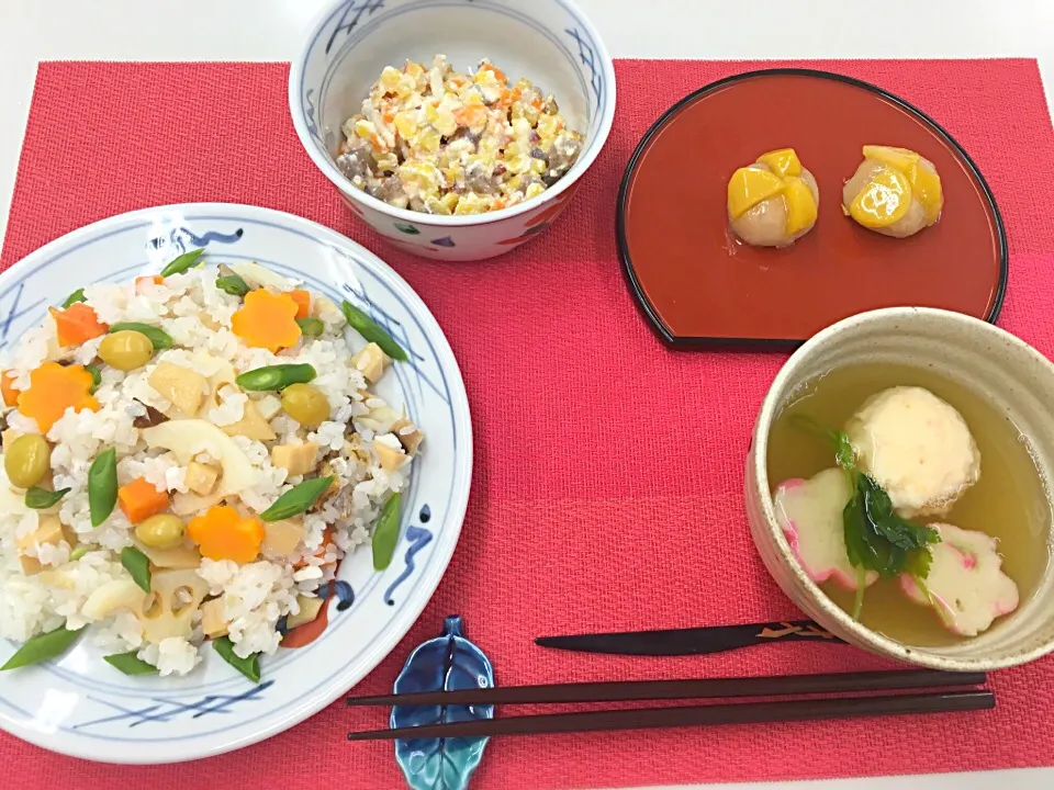 鯛のちらしずし、野菜のごま白酢和え、えびしんじょ椀、栗鹿の子|かなさん