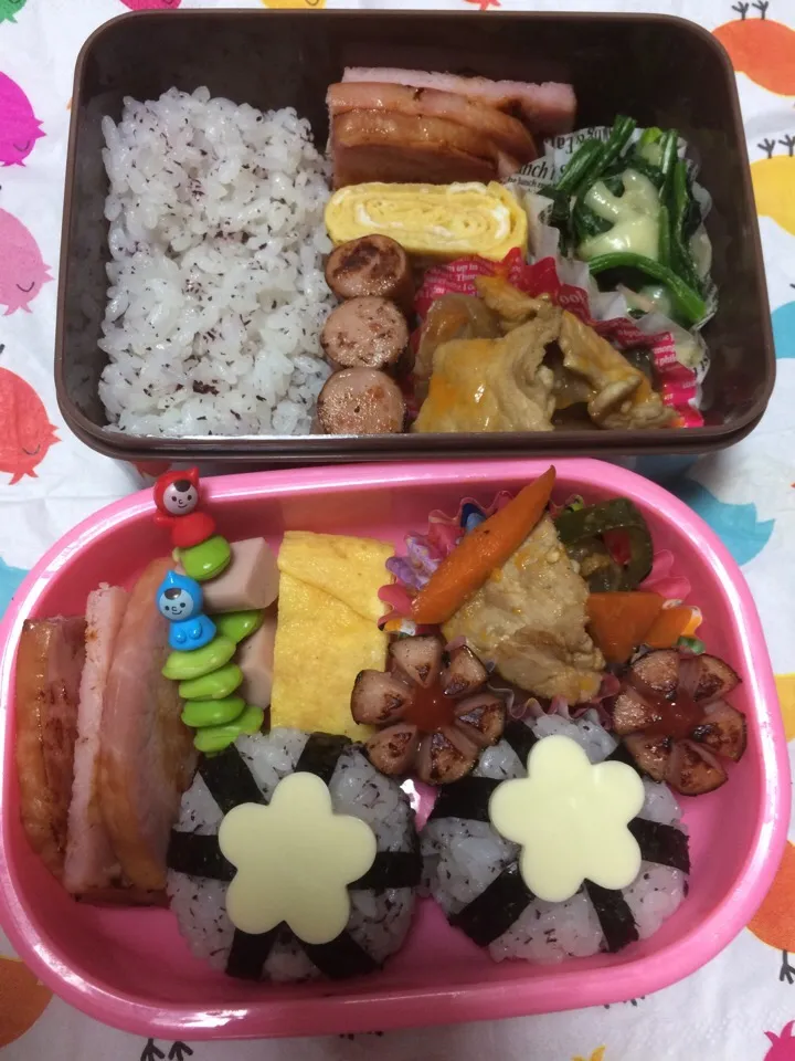 Snapdishの料理写真:学童弁〜量が多いのか食べきれないようなので、久々の1段弁当手毬おにぎり〜|こむぎさん