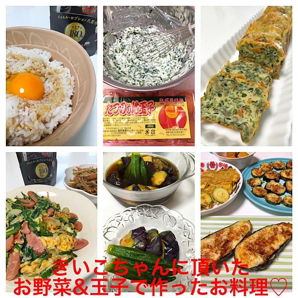 手作り♡きいこちゃんに頂いたお野菜&玉子を使ったお料理達〜♪ニラ、モロヘイヤ、茄子、オクラ、ズッキーニ、たつの地玉子♡グルメだれも使用〜♪|mari♡（もも(*´∀｀*)♪）さん