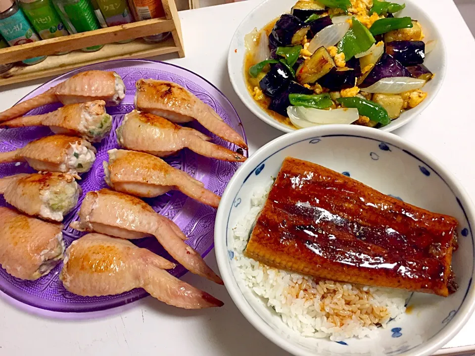 鰻丼  手羽餃子  卵とナスのスイートチリソース炒め|石川洋子さん