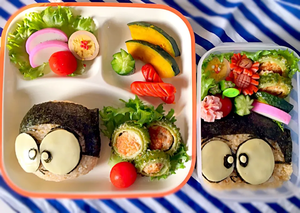 Snapdishの料理写真:夏休みの学童弁当&置きランチ18日目🌻
のび太く〜ん！
おにぎりバージョン、なんやらオカシイ。。。笑|なかじー。さん