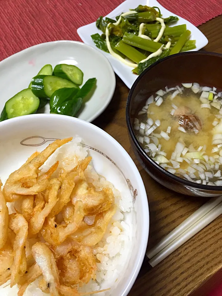 白えび丼
あさりの味噌汁
つるむらさきのおひたし
きゅうりの糠漬け|Terumi  Yokosawaさん