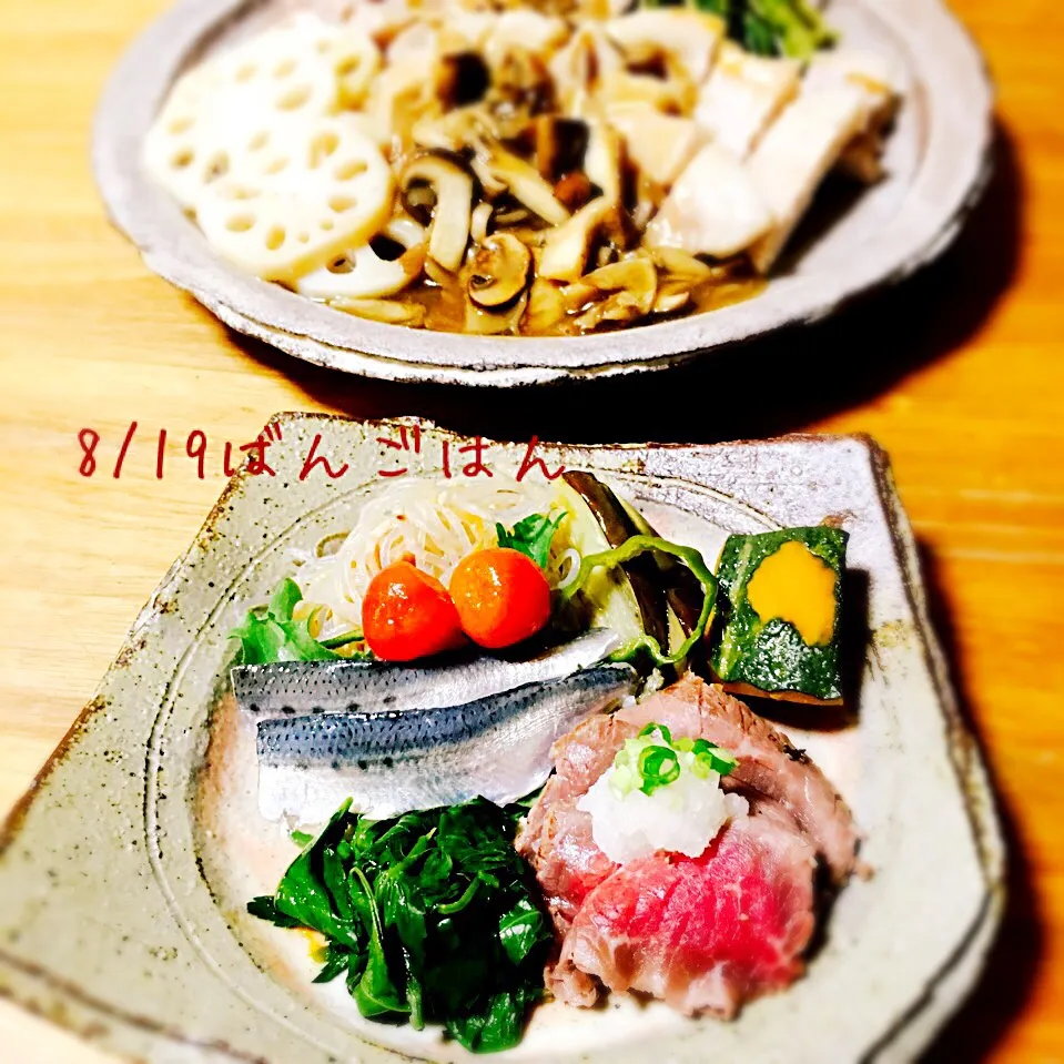 Snapdishの料理写真:8月19日(金)ばんごはん 小皿盛合せと和風豚テキ きのこソース|みかりんさん