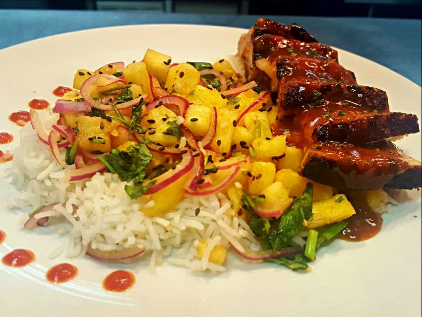 crispy pork belly.....served over pork fried rice with a tropical bbq sauce and pineapple salad|chef Charlesさん