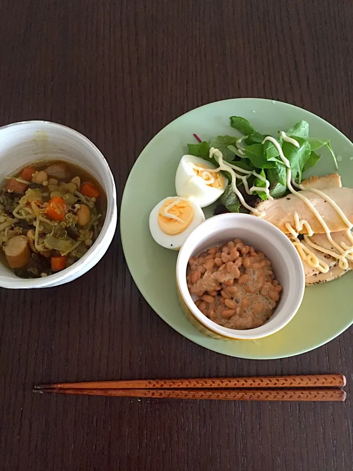 8月21日朝ごはん 野菜スープカレー味リメイク 納豆 鳥ハム 等|やすこさん