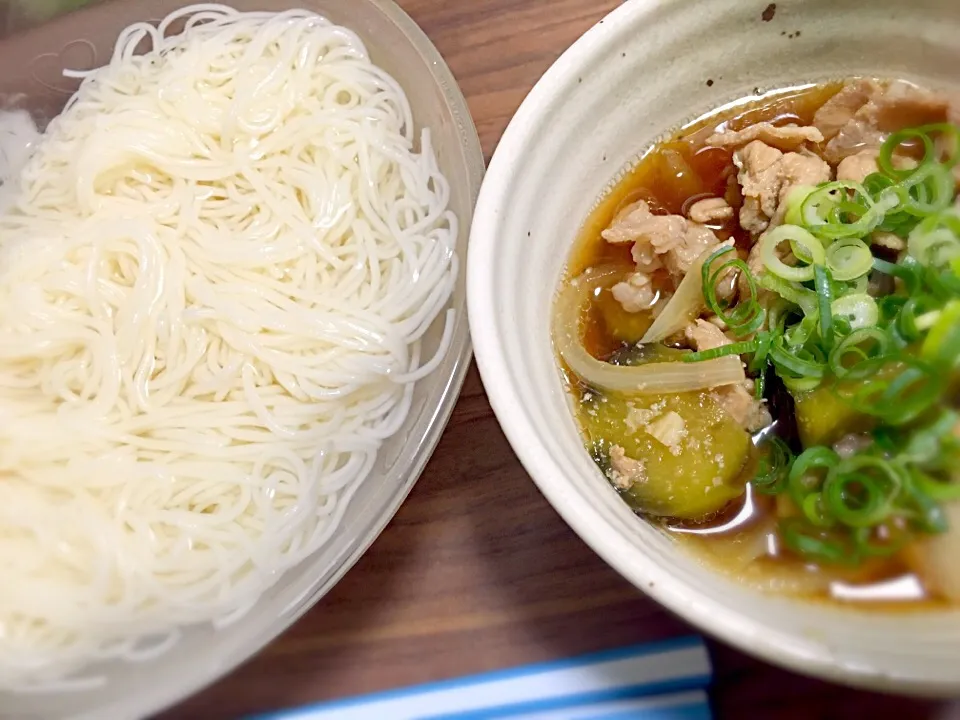 つけ汁そうめん〜玉ねぎ、豚肉、茄子〜|♡あき♡さん