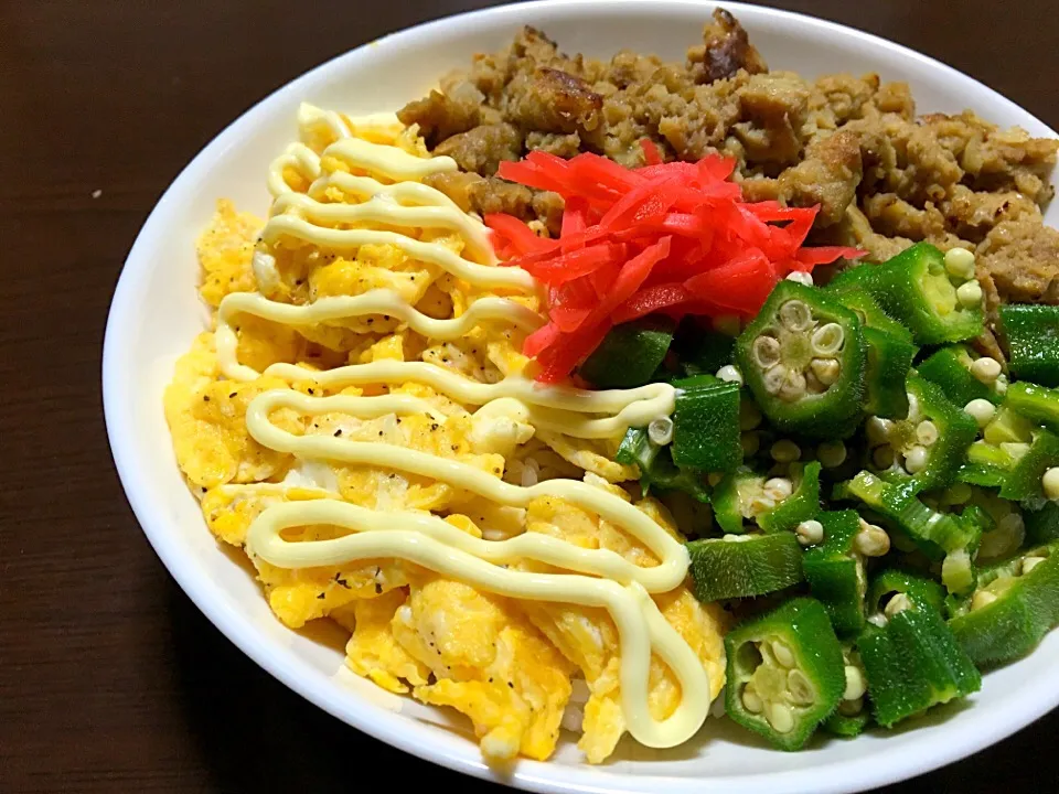 冷凍ハンバーグのそぼろ風4色丼|いろはさん